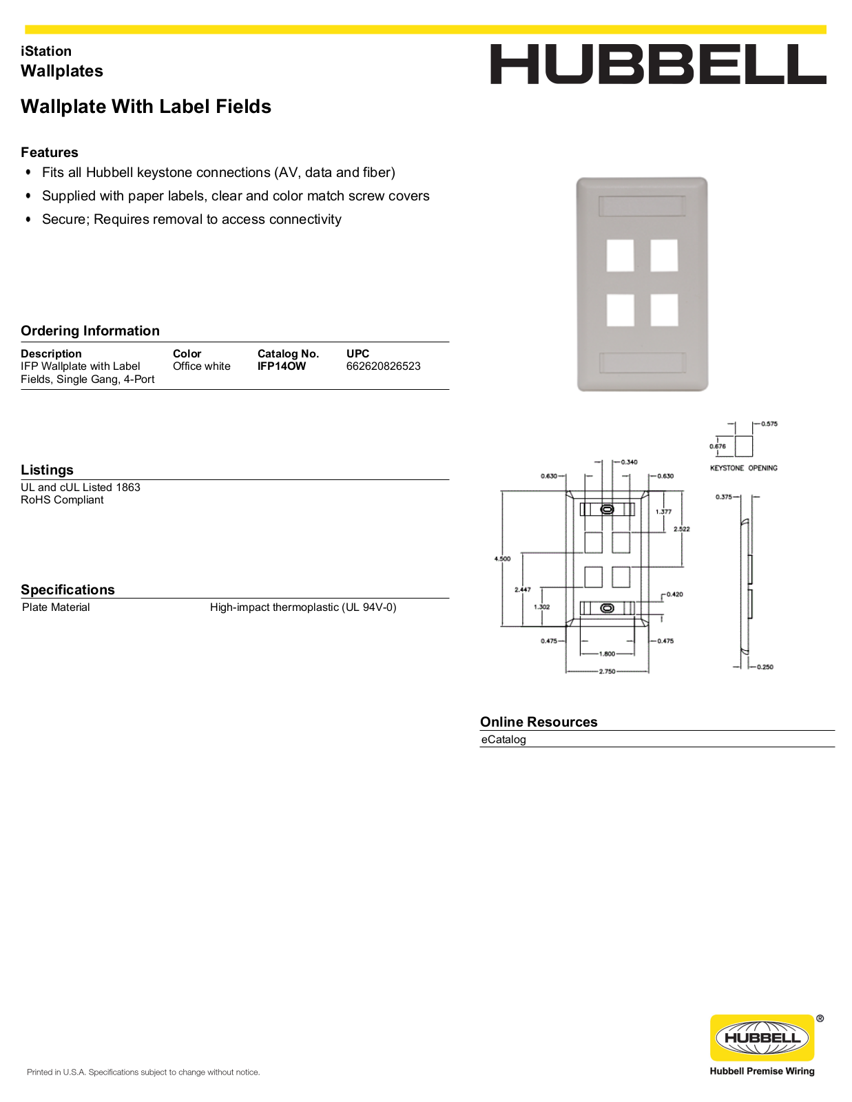 Hubbell IFP14OW Specifications