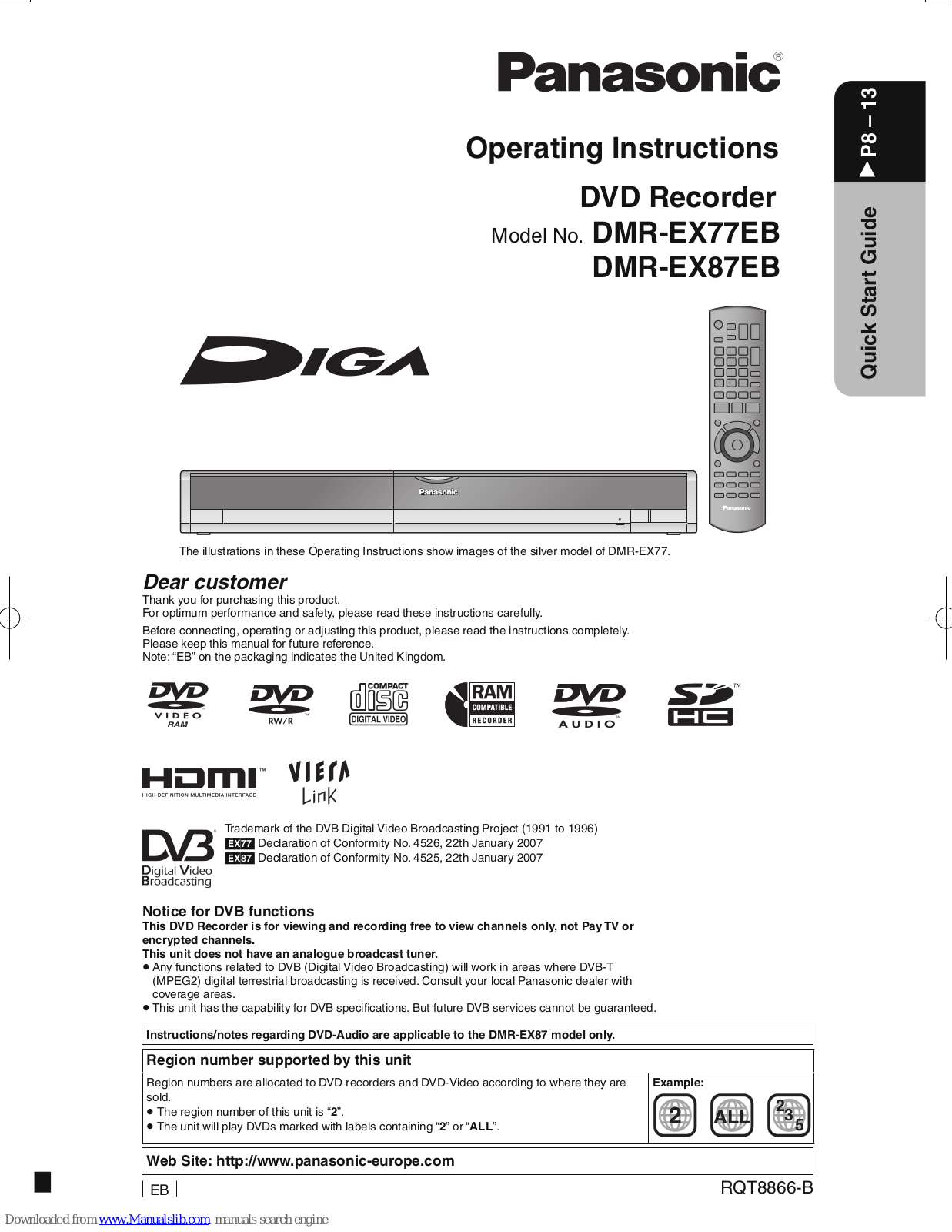 Panasonic DMR-EX77B, DMR-EX87B, Diga DMR-EX77EB, Diga DMR-EX87EB Operating Instructions Manual