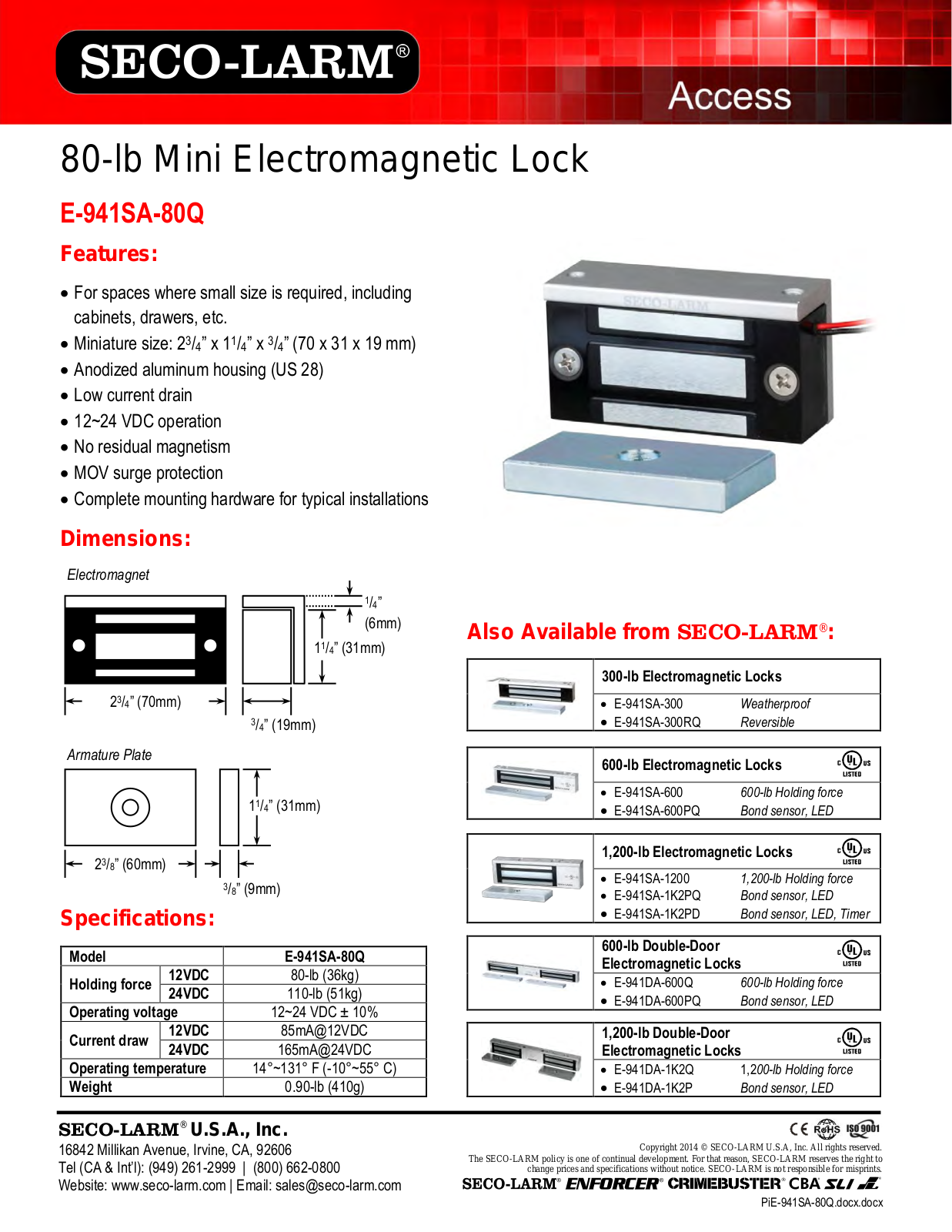 Seco-Larm E-941SA-80Q Specsheet