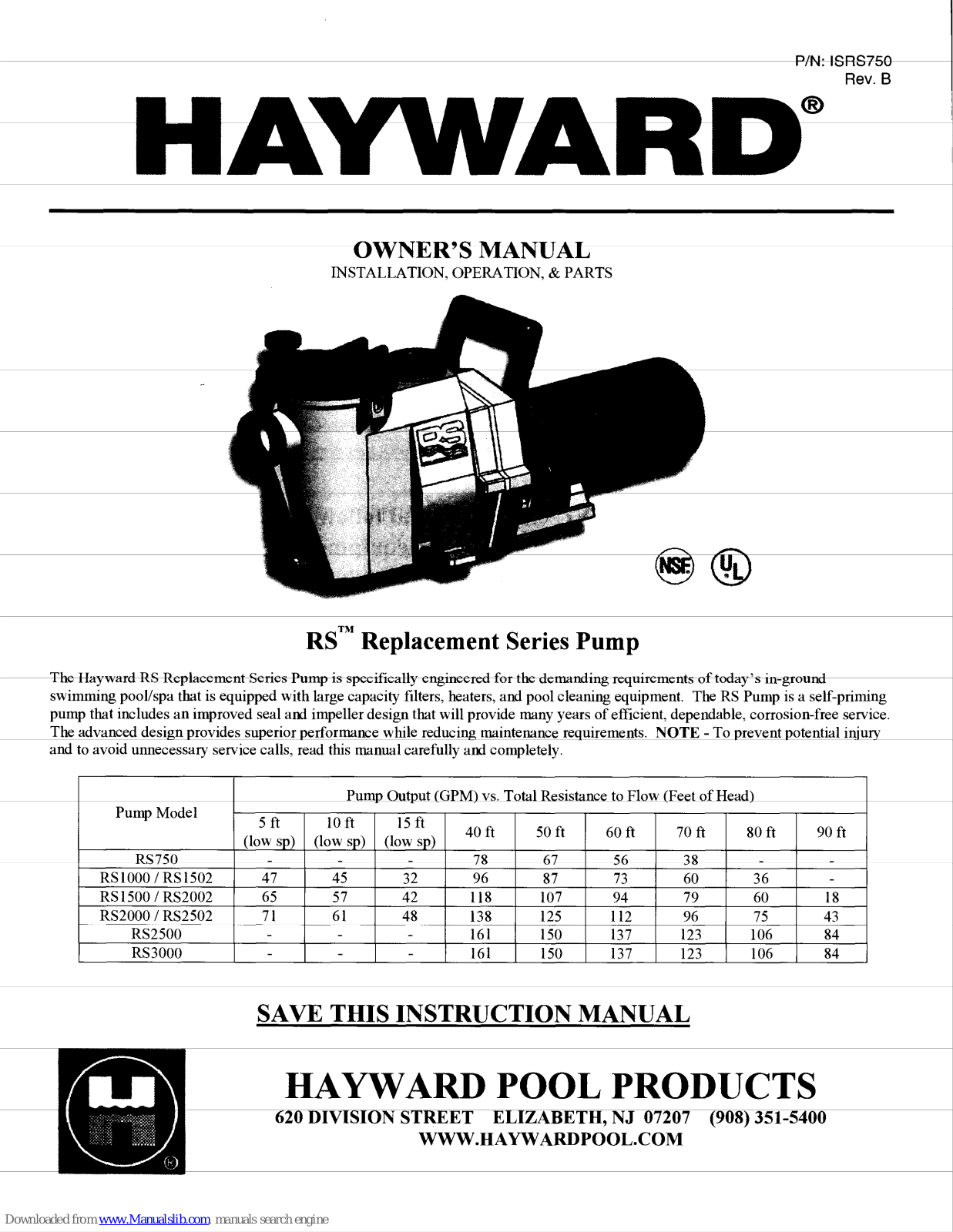 Hayward RS750, RS1000, RS1502, RS1500, RS2002 Owner's Manual