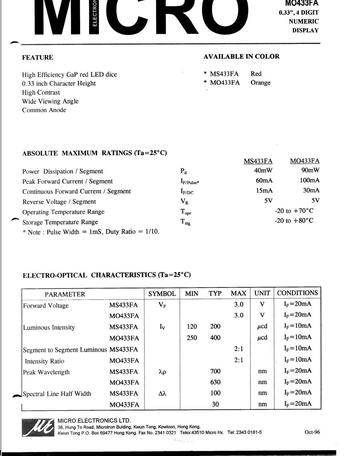 MICRO MS433FA, MO433FA Datasheet