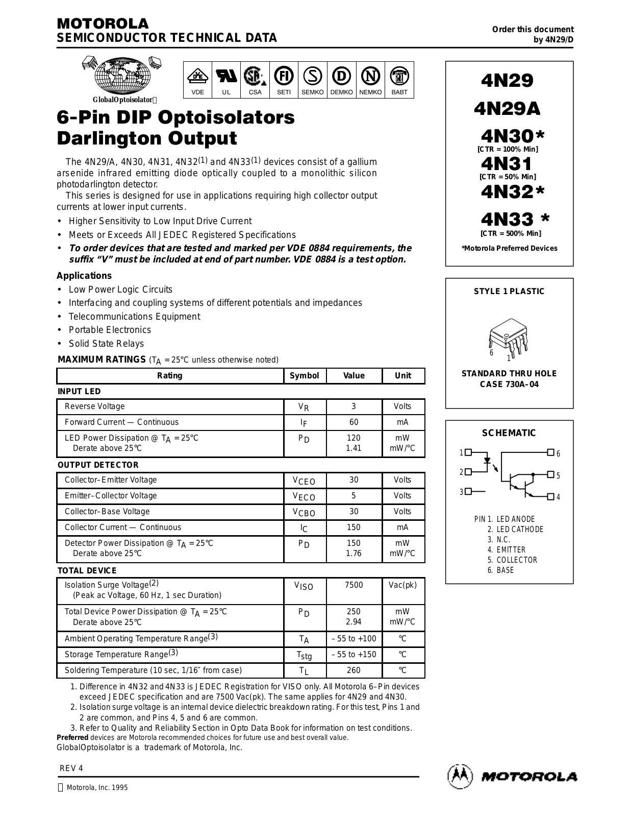 Motorola 4N33, 4N32, 4N31, 4N30, 4N29A Datasheet