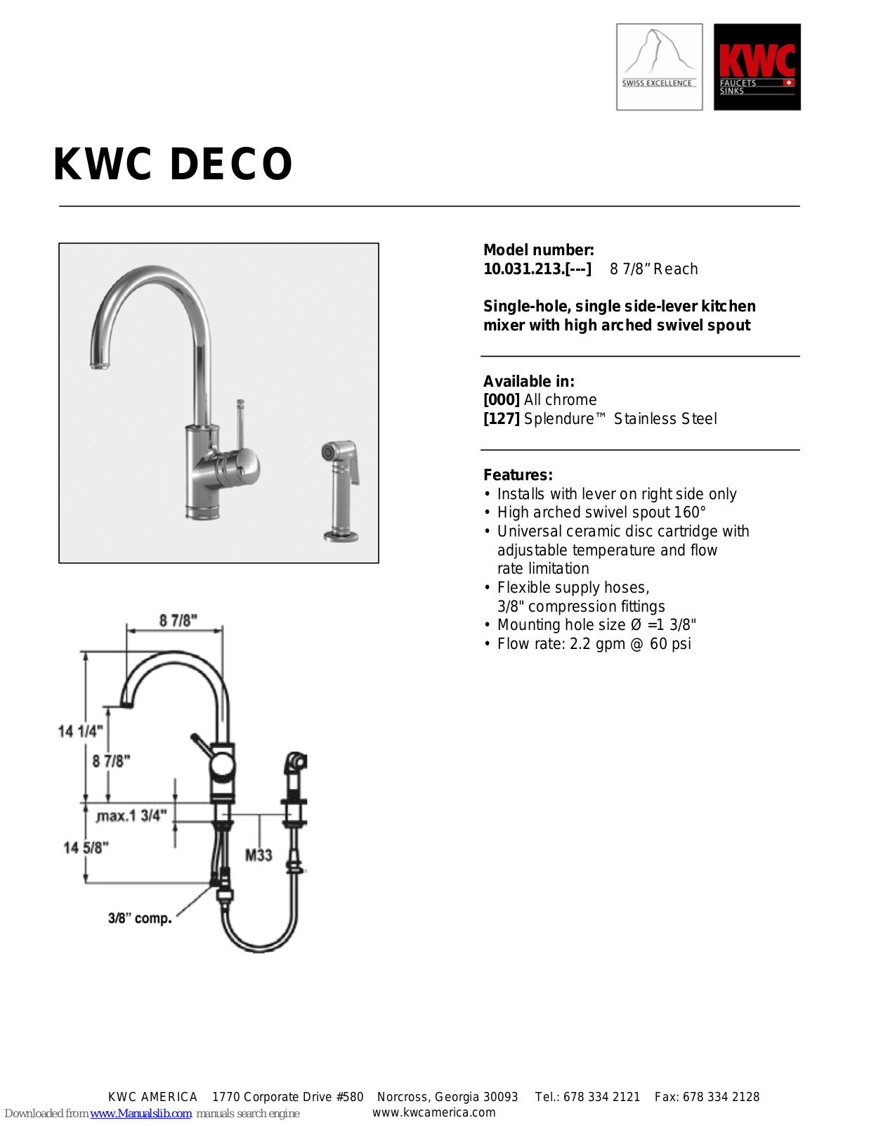 KWC Deco 10.031.213, Deco 10.031.213.000, Deco 10.031.213.127 Specifications