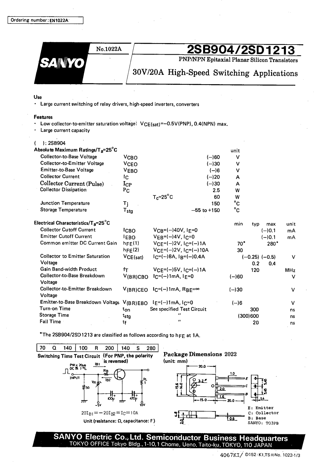 SANYO 2SD1213, 2SB904 Datasheet