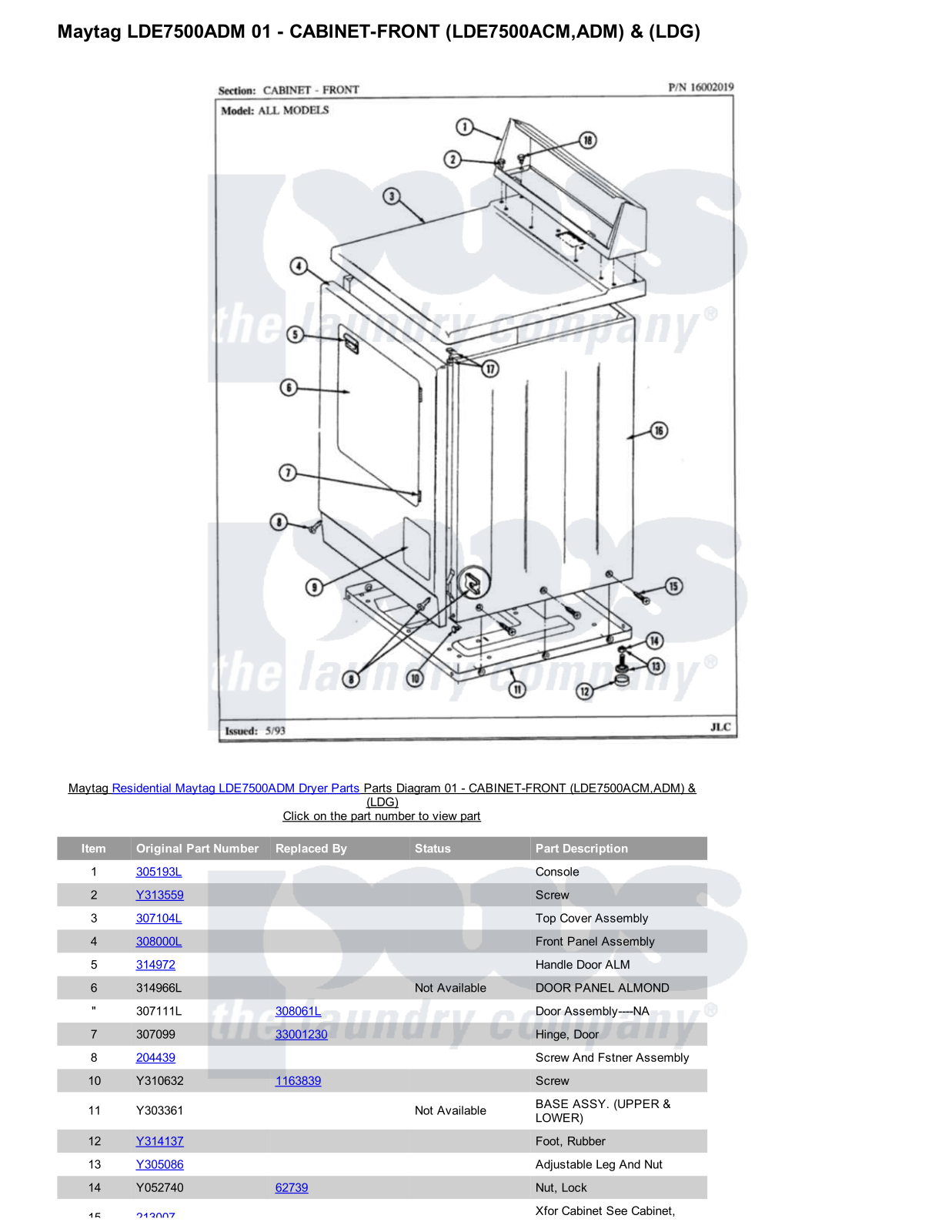 Maytag LDE7500ADM Parts Diagram