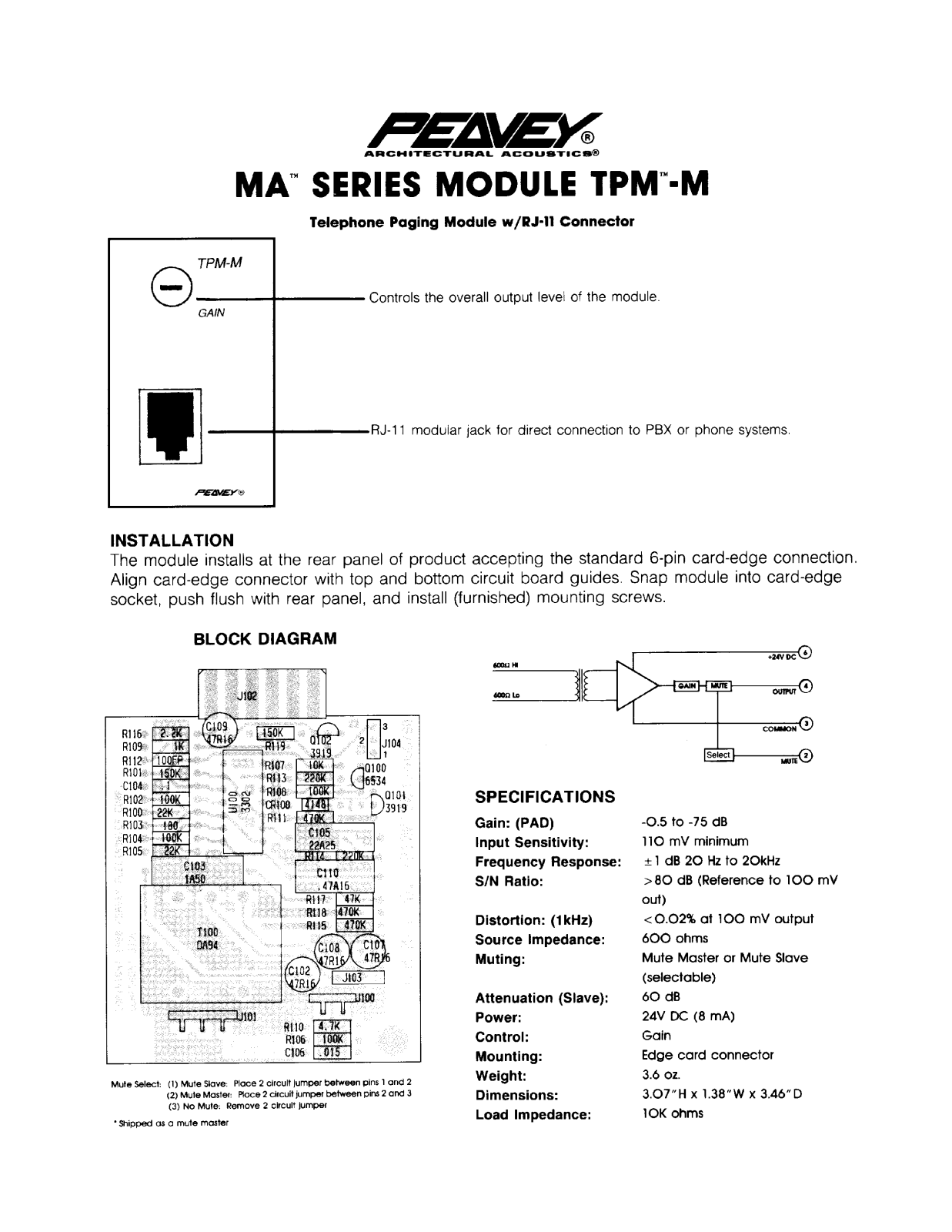 Peavey MA Series MODULE TPM-M INSTALLATION GUIDE