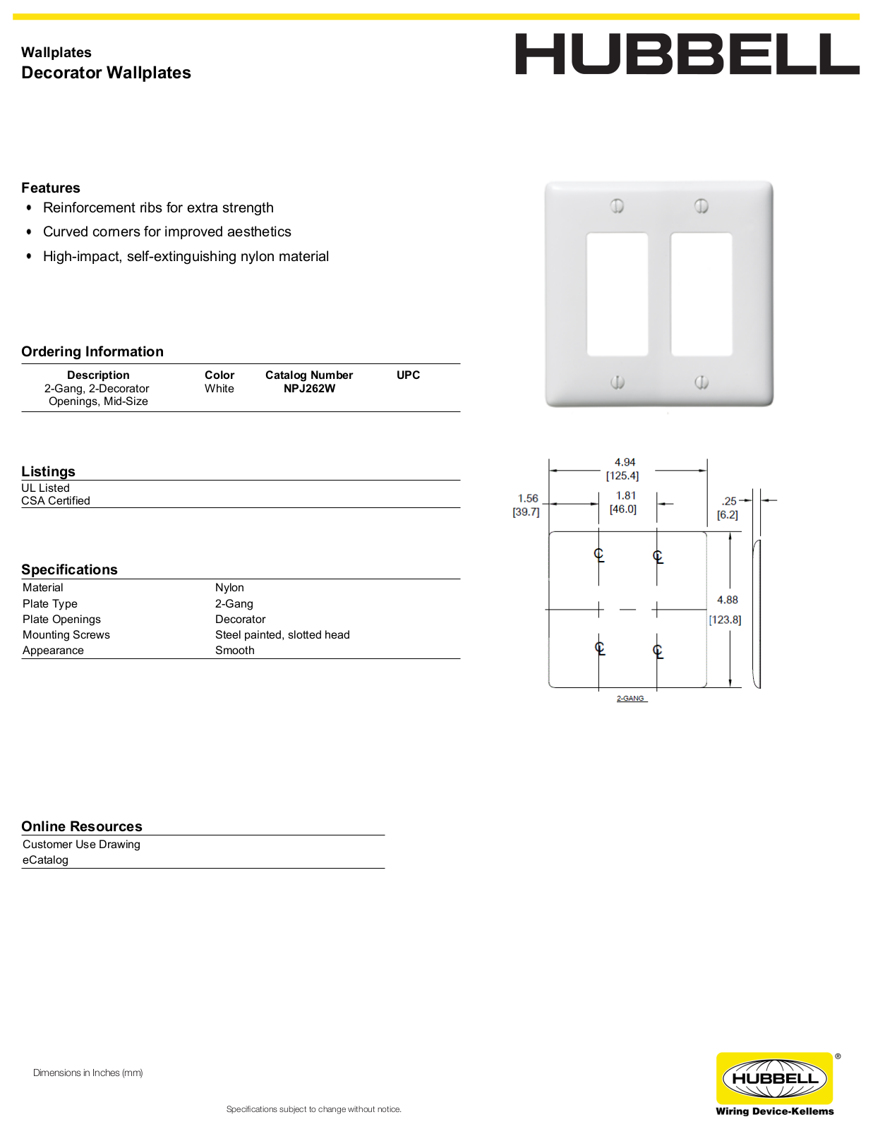 Hubbell NPJ262W Specifications