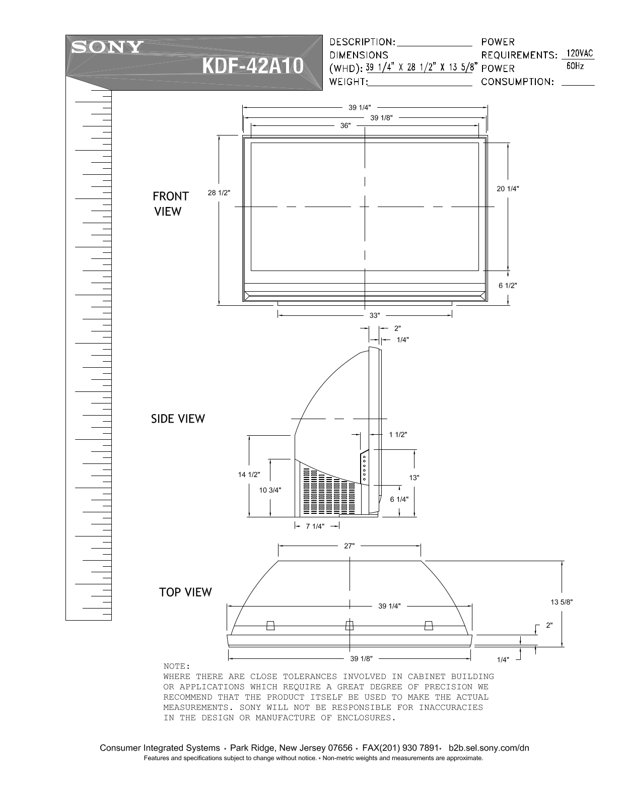 Sony KDF-E42A10 Dimensions Diagrams