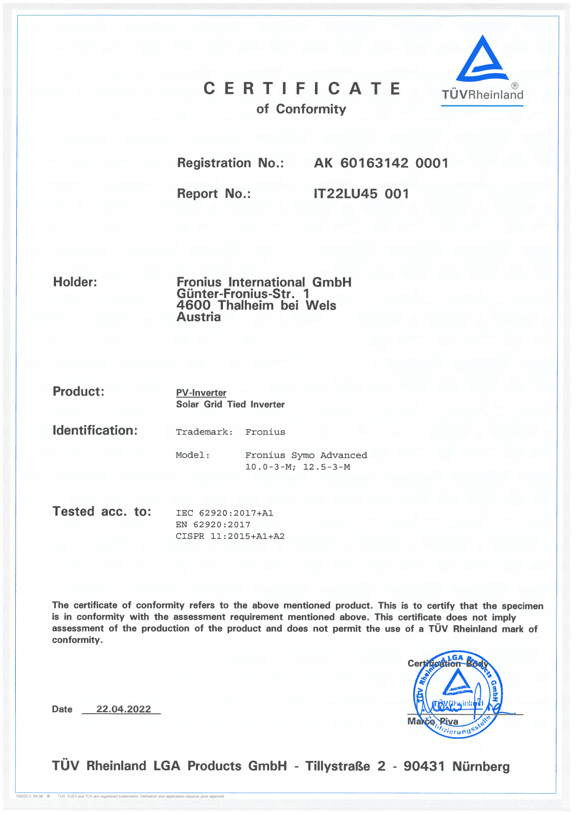 Fronius Conformity IEC 62920 CISPR 11 Fronius Symo Advanced 10.0 - 12.5 Certificate