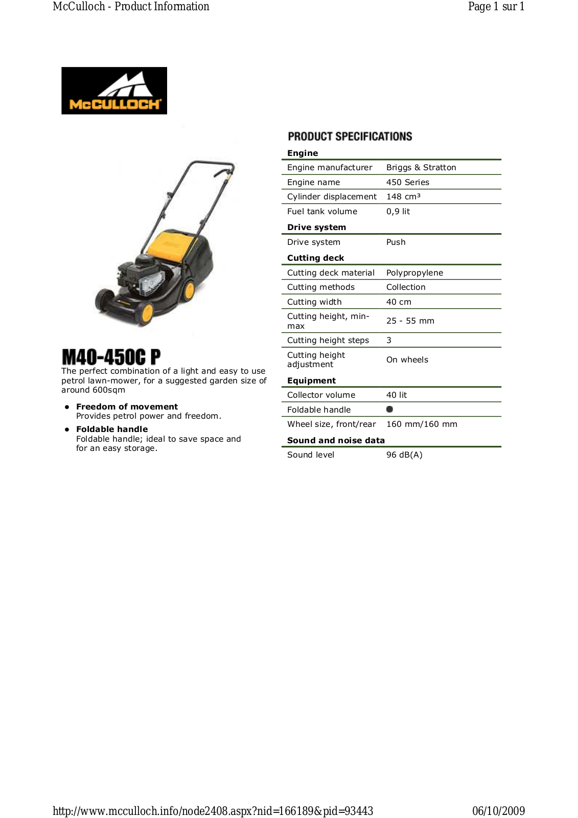 Mc culloch M40-450C P TECHNICAL SPECIFICATIONS - ManualMachine.com
