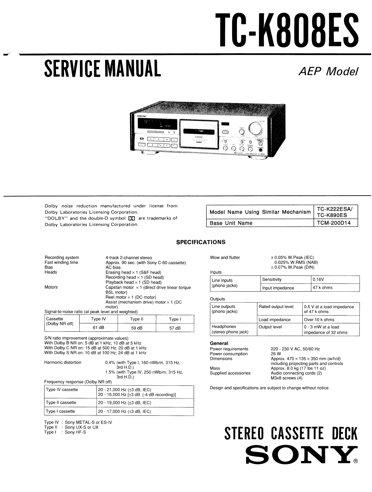 Sony TCK-808-ES Service manual