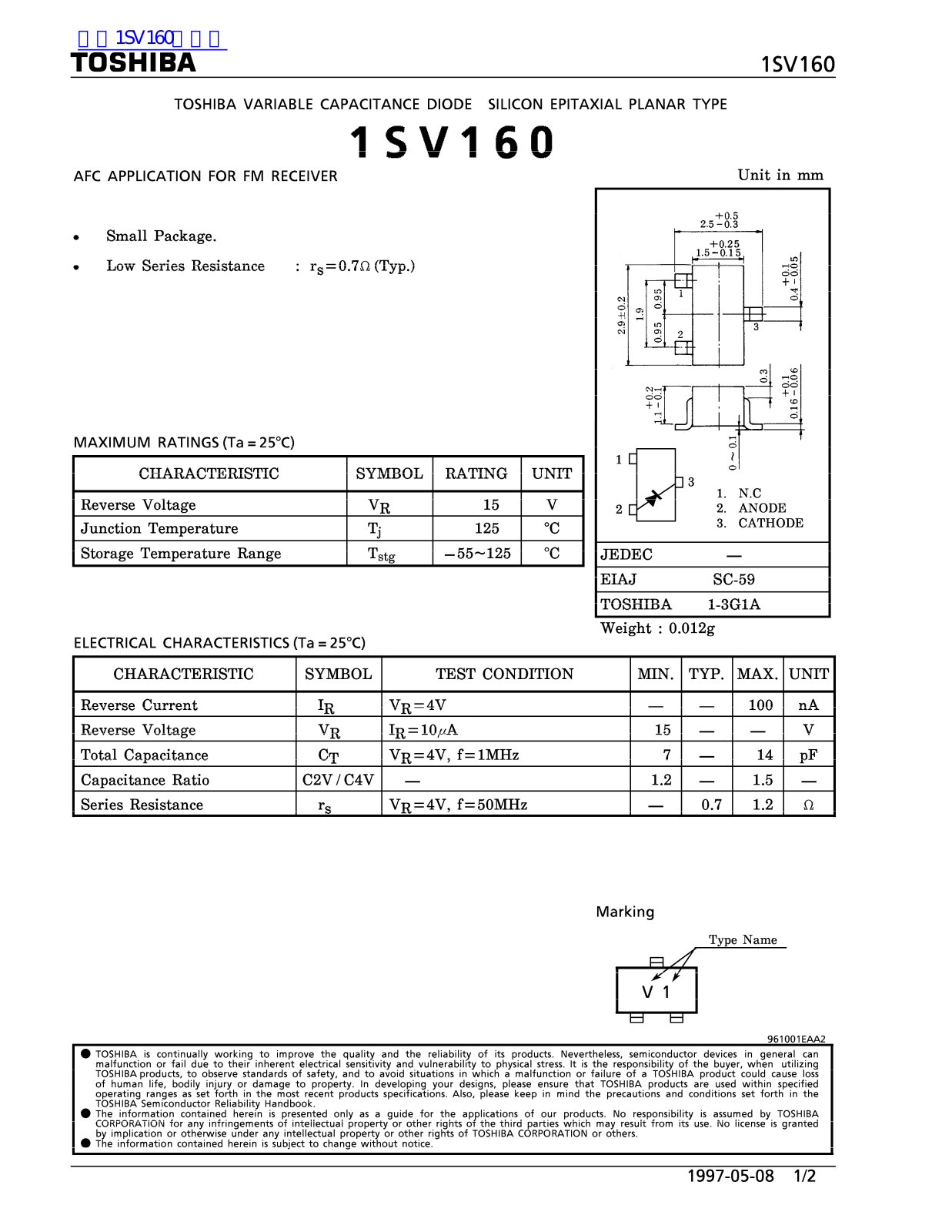 TOSHIBA 1SV160 Technical data