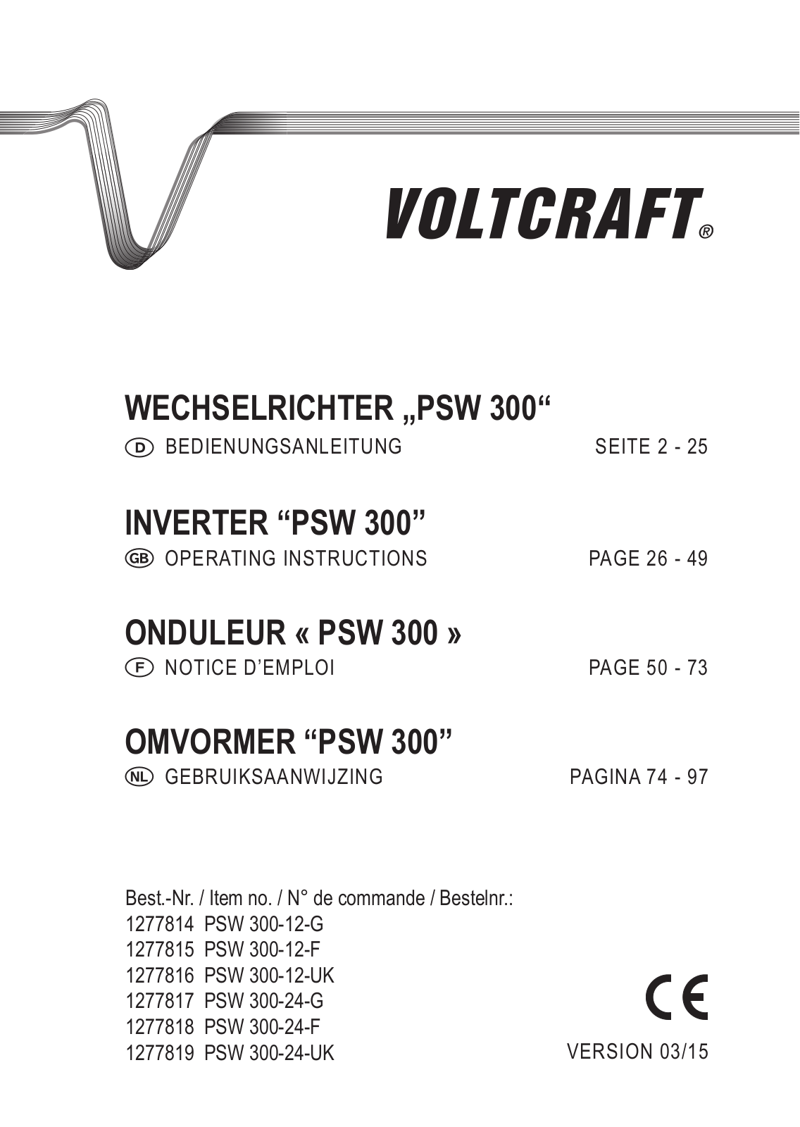 VOLTCRAFT PSW 300-12-G, PSW 300-12-F, PSW 300-24-G, PSW 300-12-UK, PSW 300-24-F User guide