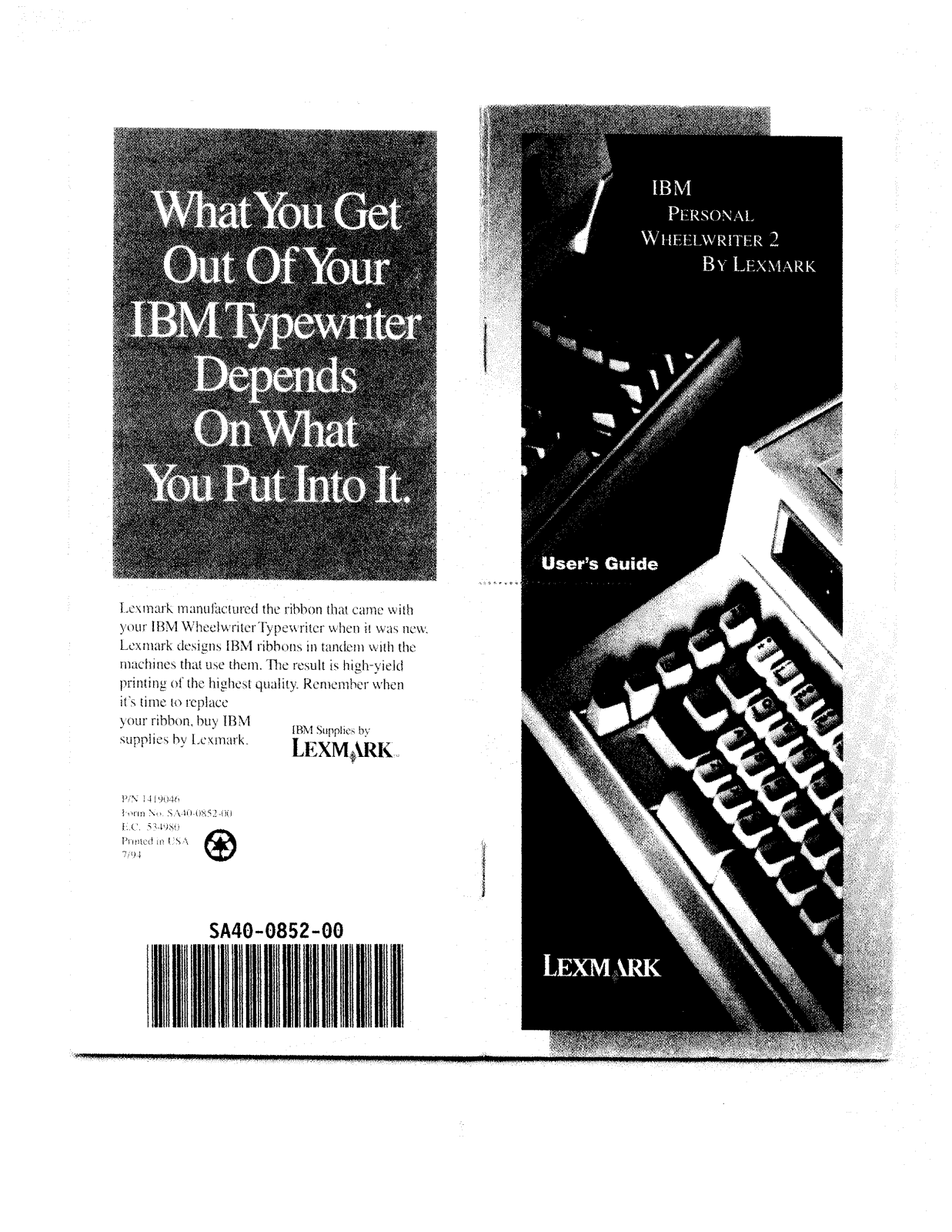 Lexmark IBM PERSONAL WHEELWRITER 2 User Manual