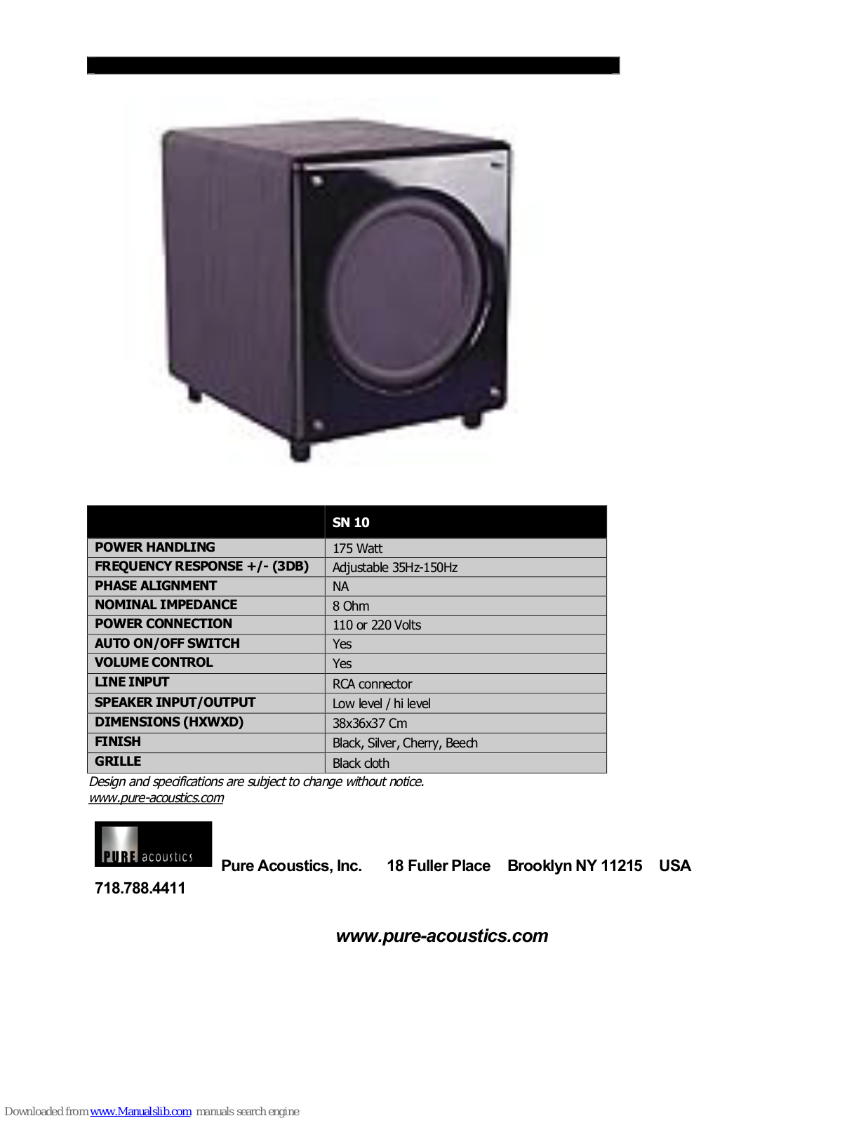 Pure Acoustics SN 10 Specification