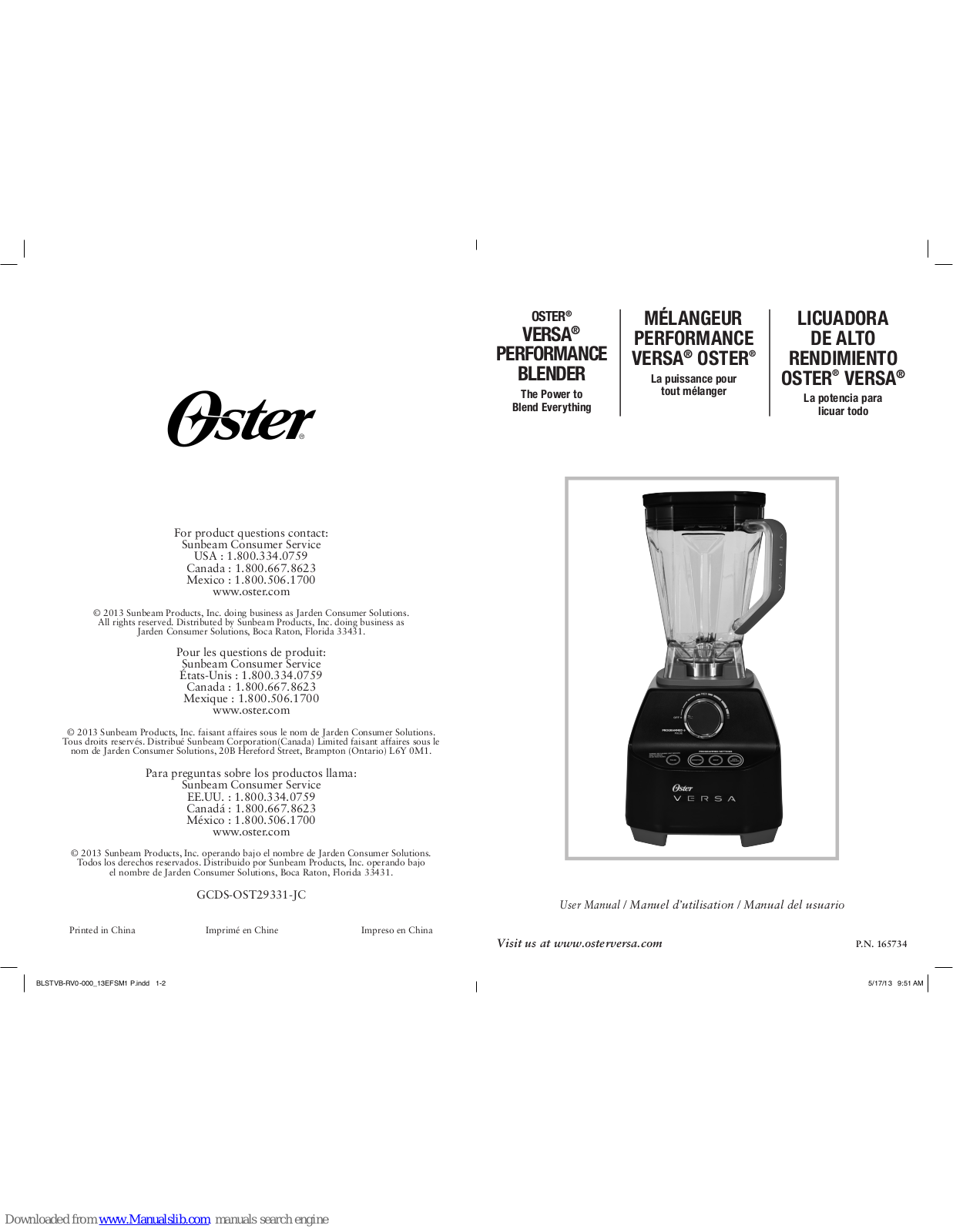 Oster VERSA PERFORMANCE BLENDER, VERSA PERFORMANCE BLSTVB-RV0-000 User Manual