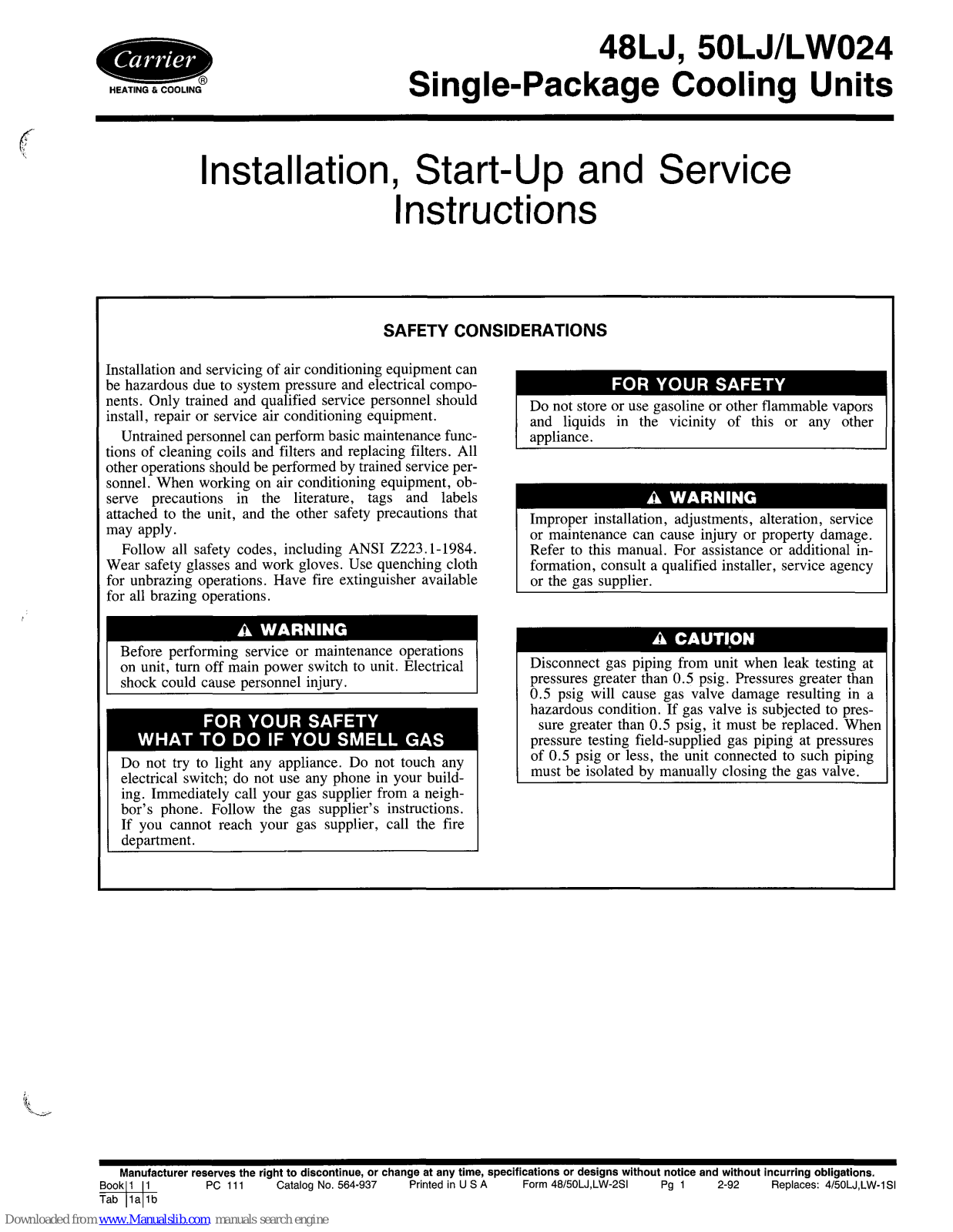 Carrier 48LJ024, 50LJ024, 48LW024, 50LW024 Installation, Start-up And Service Instructions Manual - ManualMachine.com