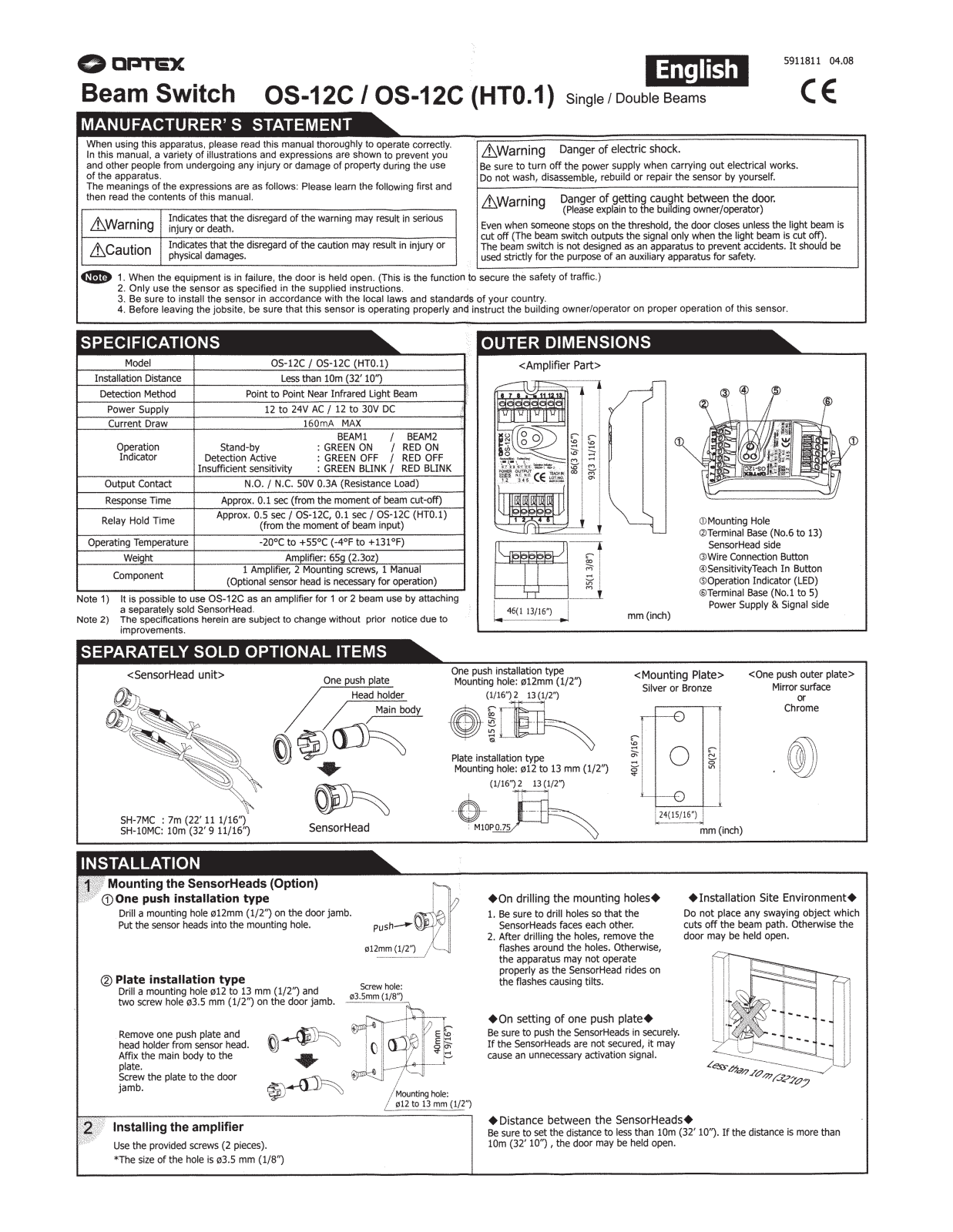 Optex OS-12C, OS-12CT User Manual