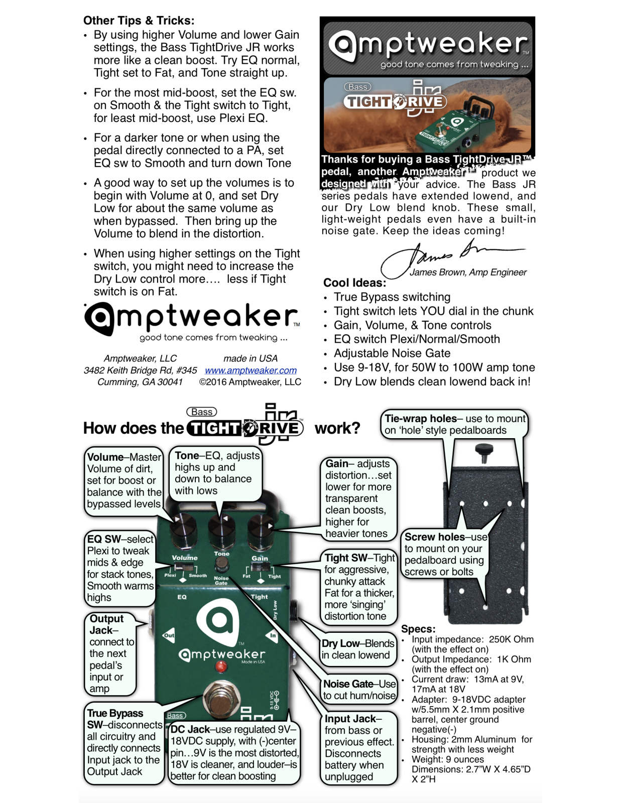 Amptweaker Bass TightDrive Jr Data Sheet - ManualMachine.com