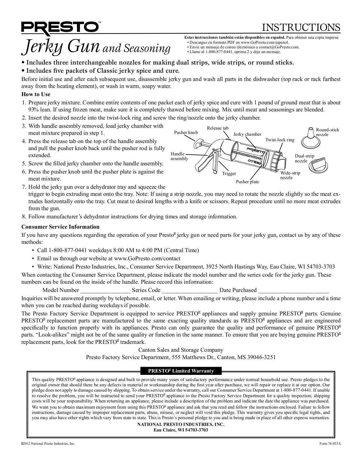 Presto Jerky GUN User Manual