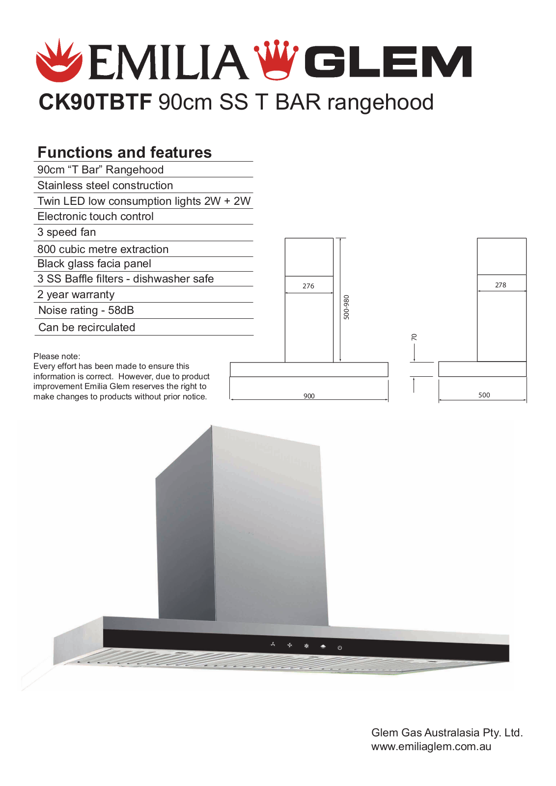 Emilia CK90TBTF Specifications Sheet