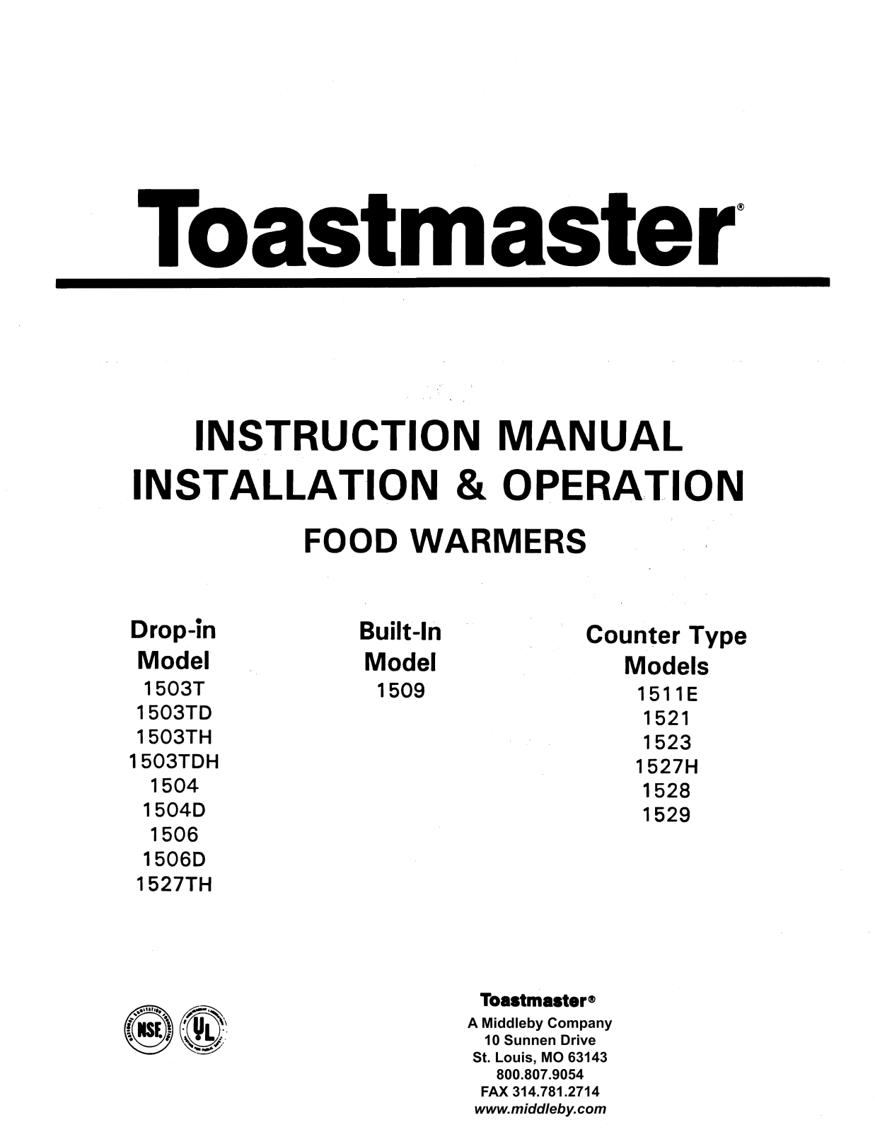 Toastmaster 1523, 1527H, 1506, 1506D, 1504 User Manual