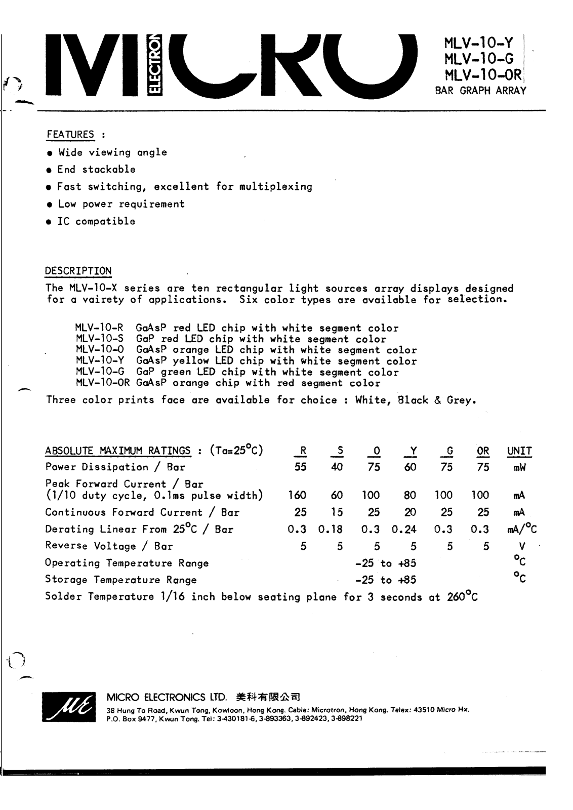 MICRO MLV-10-Y, MLV-10-S, MLV-10-O, MLV-10-OR, MLV-10-G Datasheet