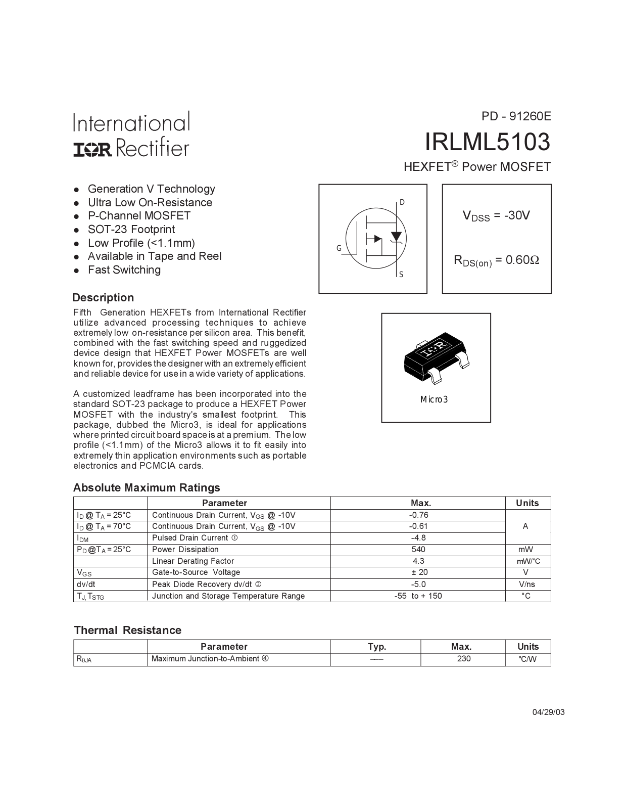 International Rectifier IRLML5103 Datasheet