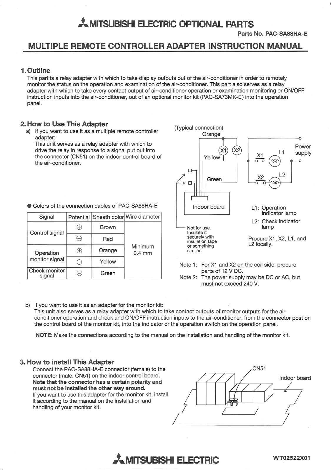 Mitsubishi PAC-SA88HA-E Installation Manual