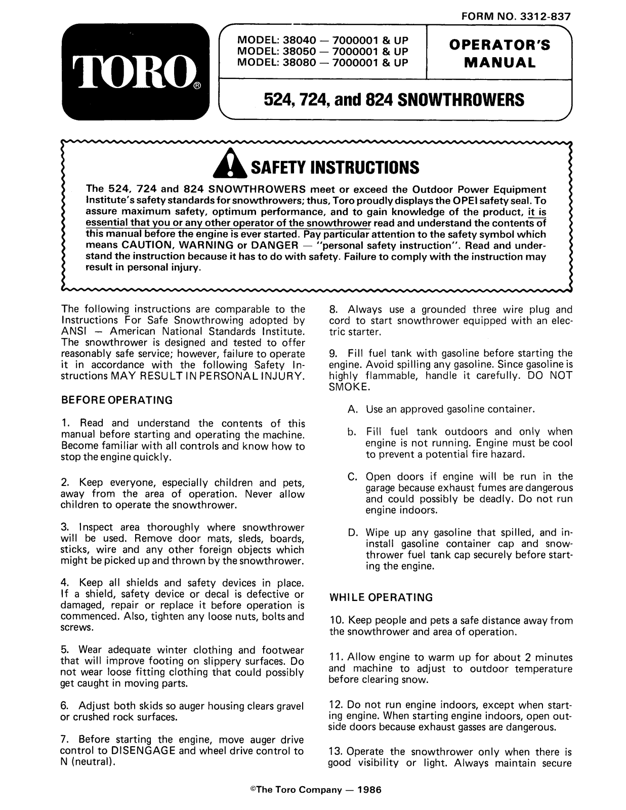 Toro 38040, 38050 Operator's Manual