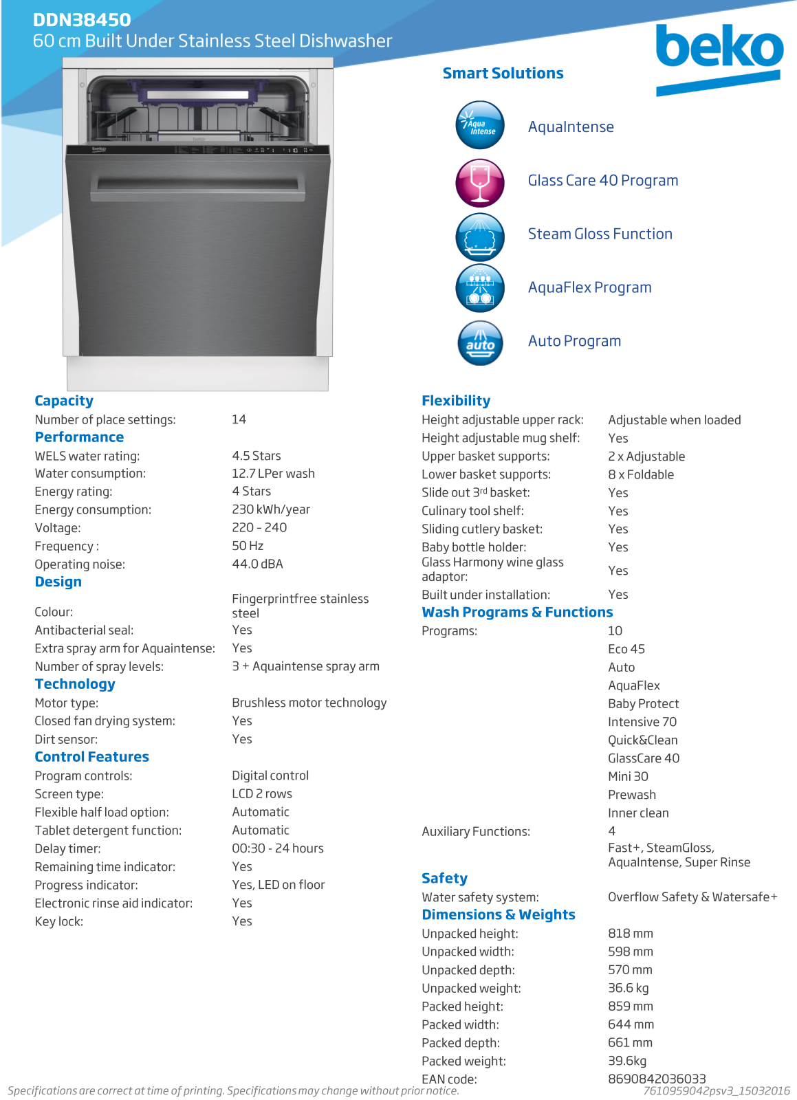 Beko DDN38450 Specifications Sheet