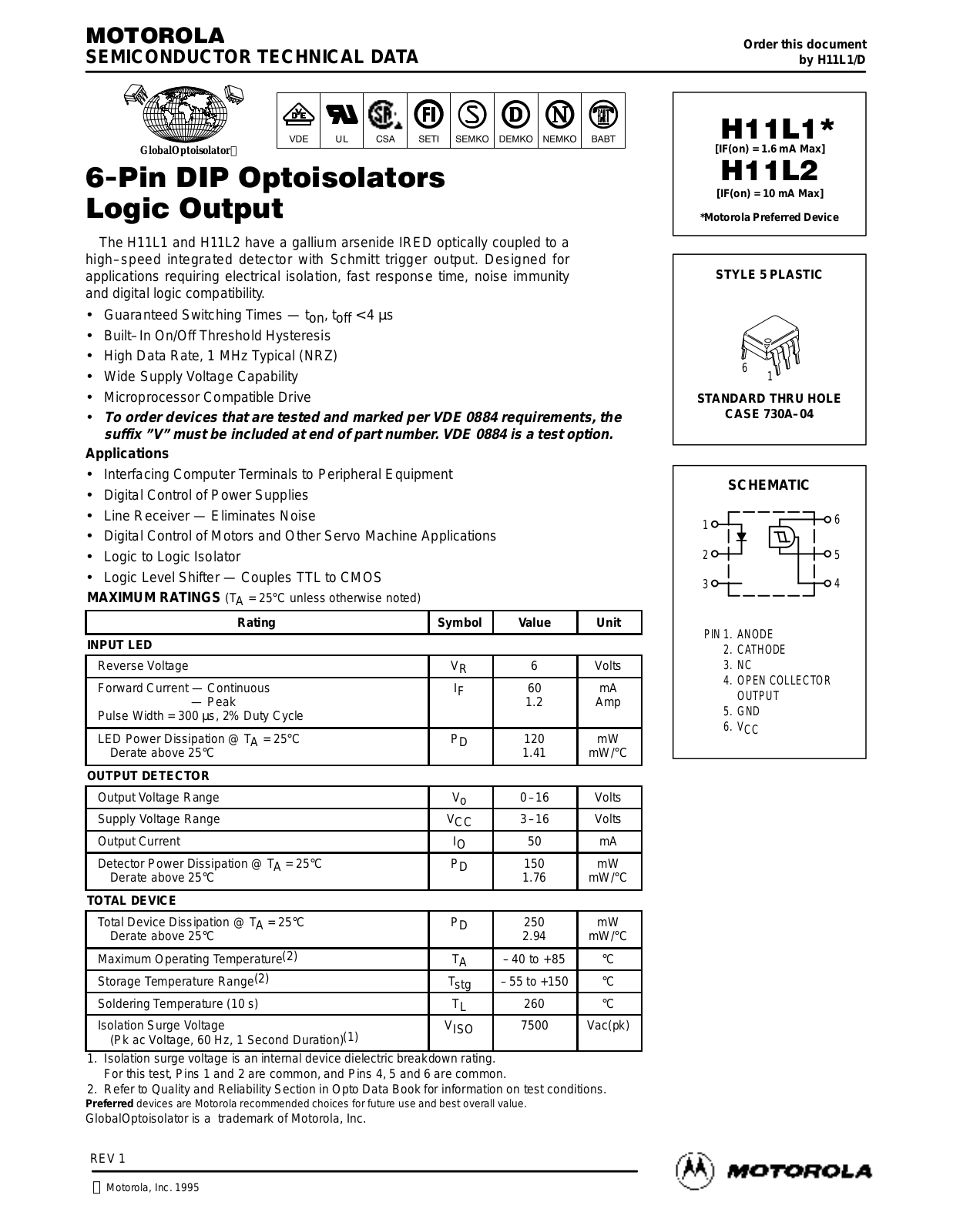 Motorola H11L2, H11L1 Datasheet