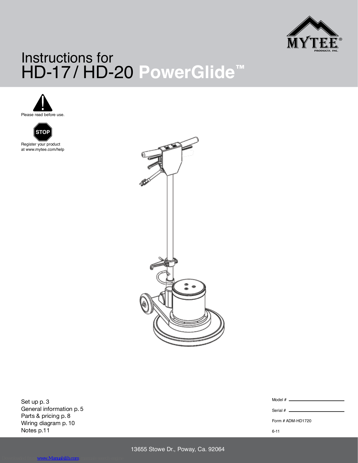 Mytee PowerGlide HD-17, PowerGlide HD-20 Instruction Manual