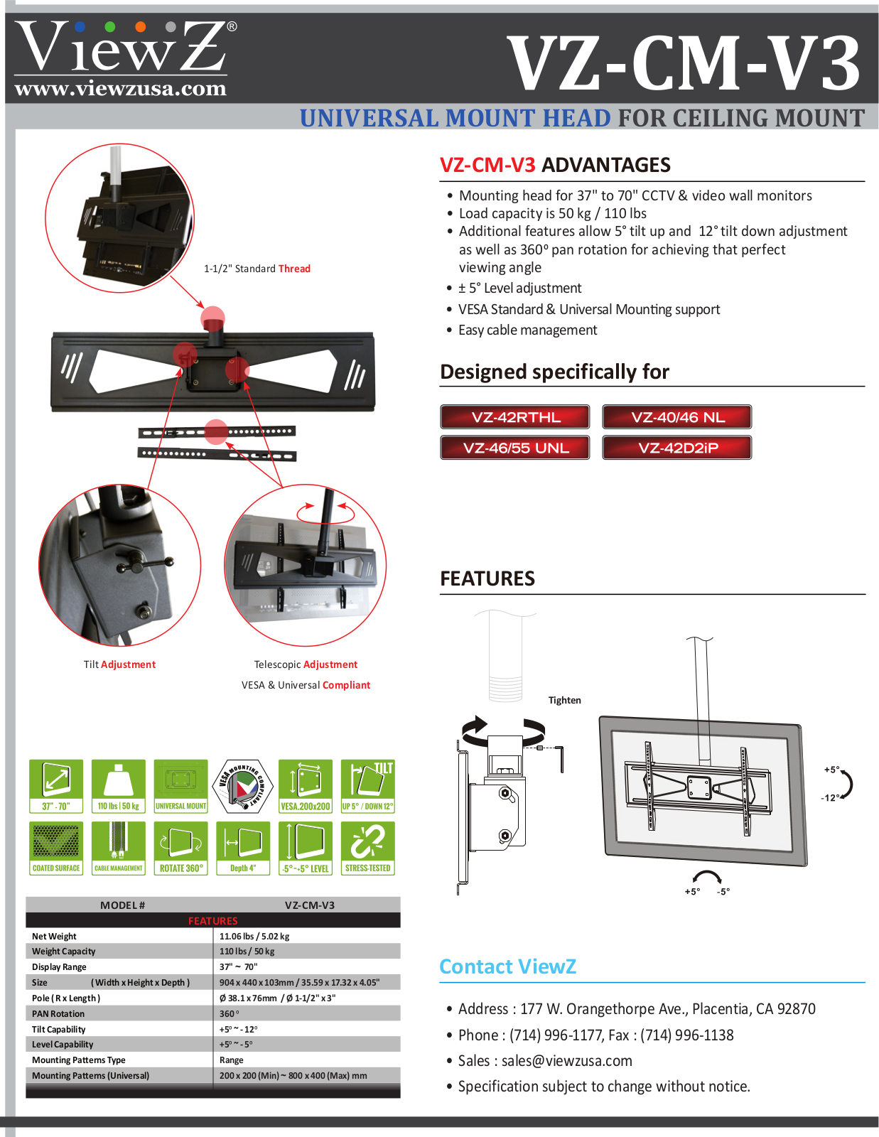 ViewZ VZ-CM-V3 Specsheet