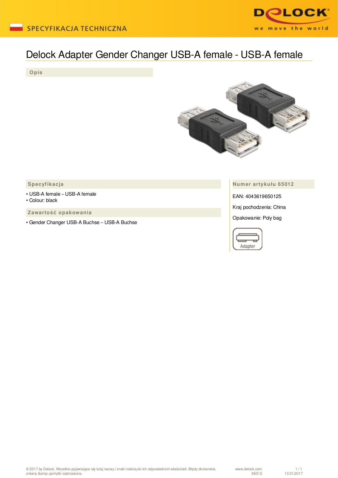 DeLOCK USB-A female  USB 2.0 adapter User Manual