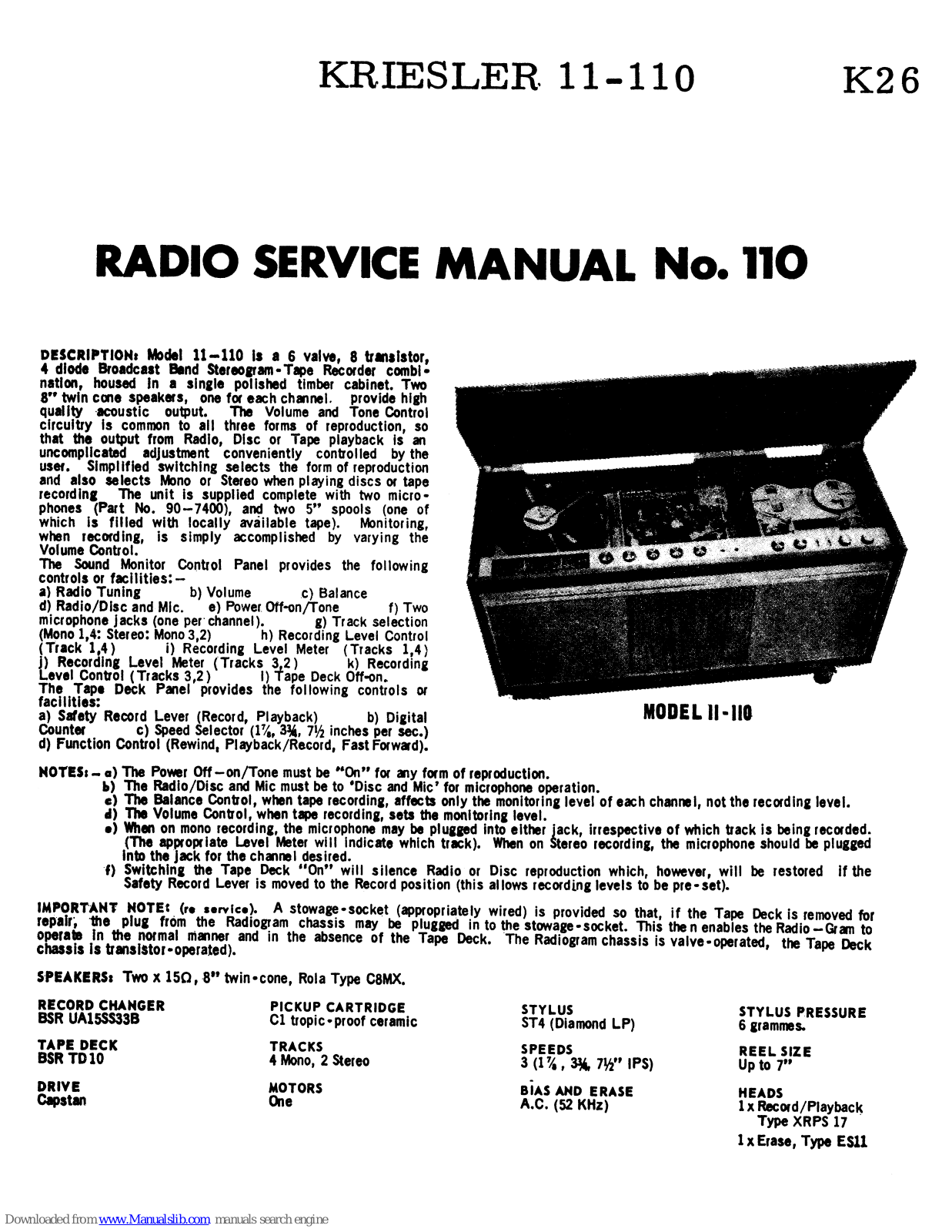 Kriesler 11-110 Service Manual