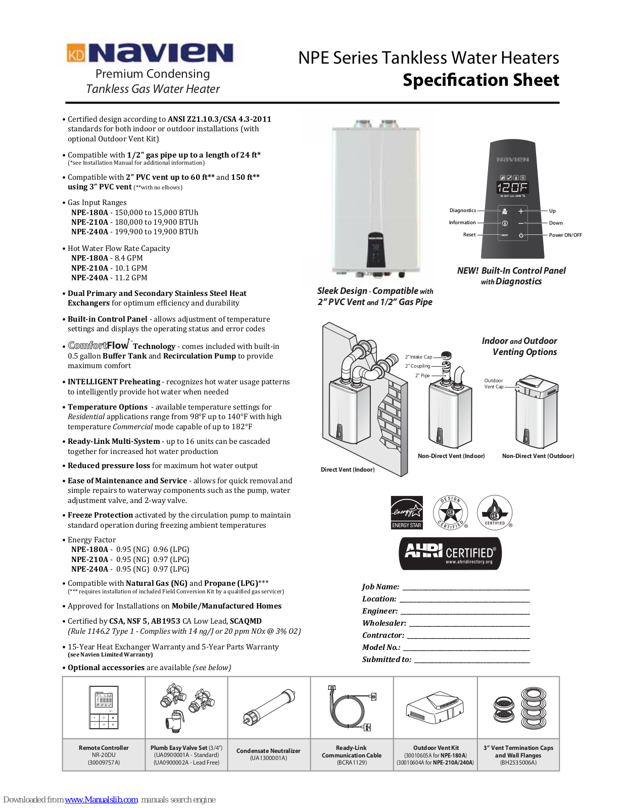 Navien NPE, NPE-180A, NPE-210A, NPE-240A Specifications