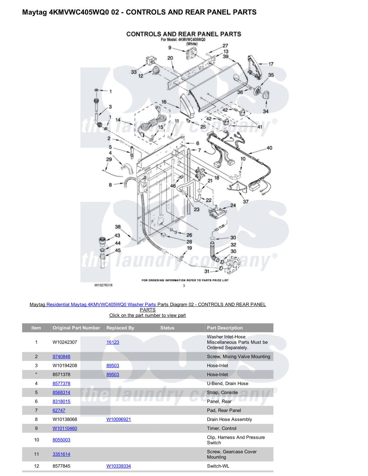 Maytag 4KMVWC405WQ0 Parts Diagram