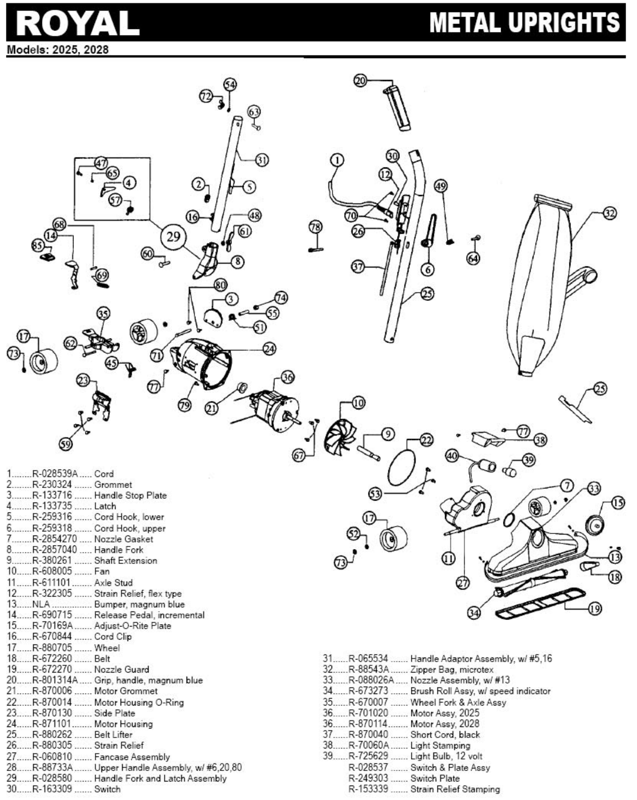 Royal 2025, 2028 Parts List