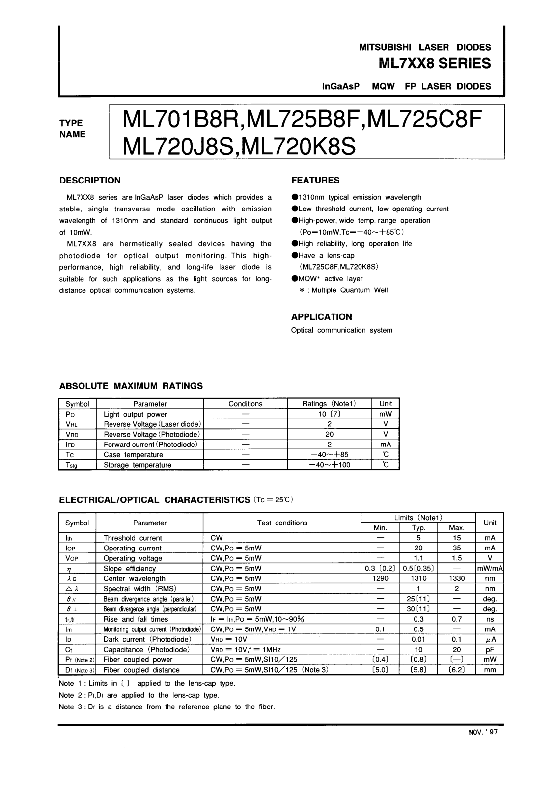 Mitsubishi ML720K8S, ML720J8S, ML701B8R, ML720C8F Datasheet