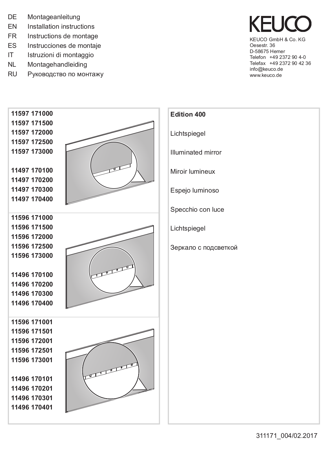 KEUCO 11597 171000, 11597 172500, 11597 171500, 11597 172000, 11597 173000 Installation Instructions Manual