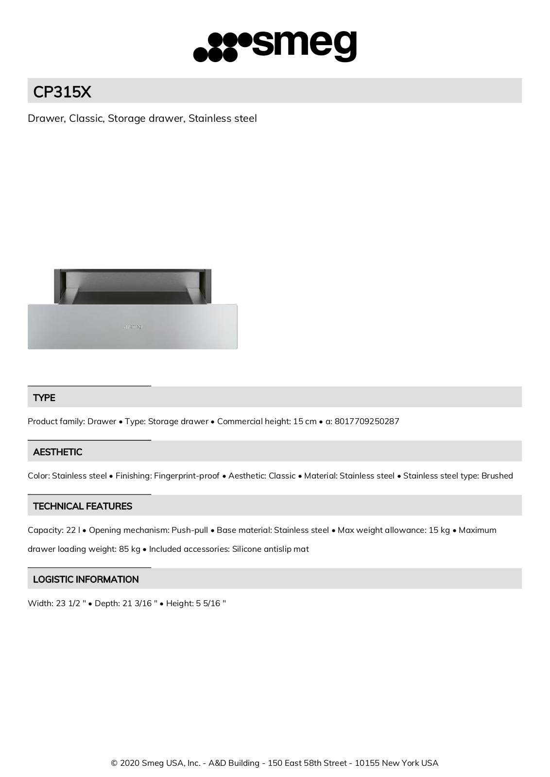 Smeg CP315X Product Information Sheet