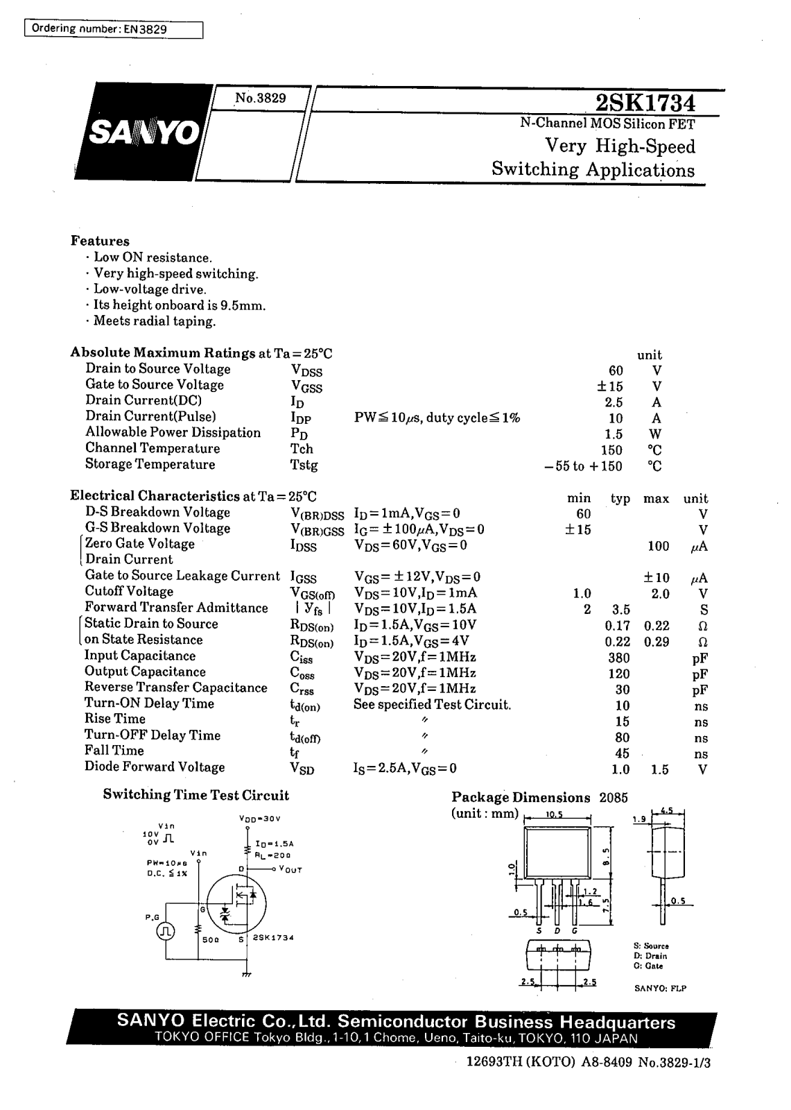 SANYO 2SK1734 Datasheet