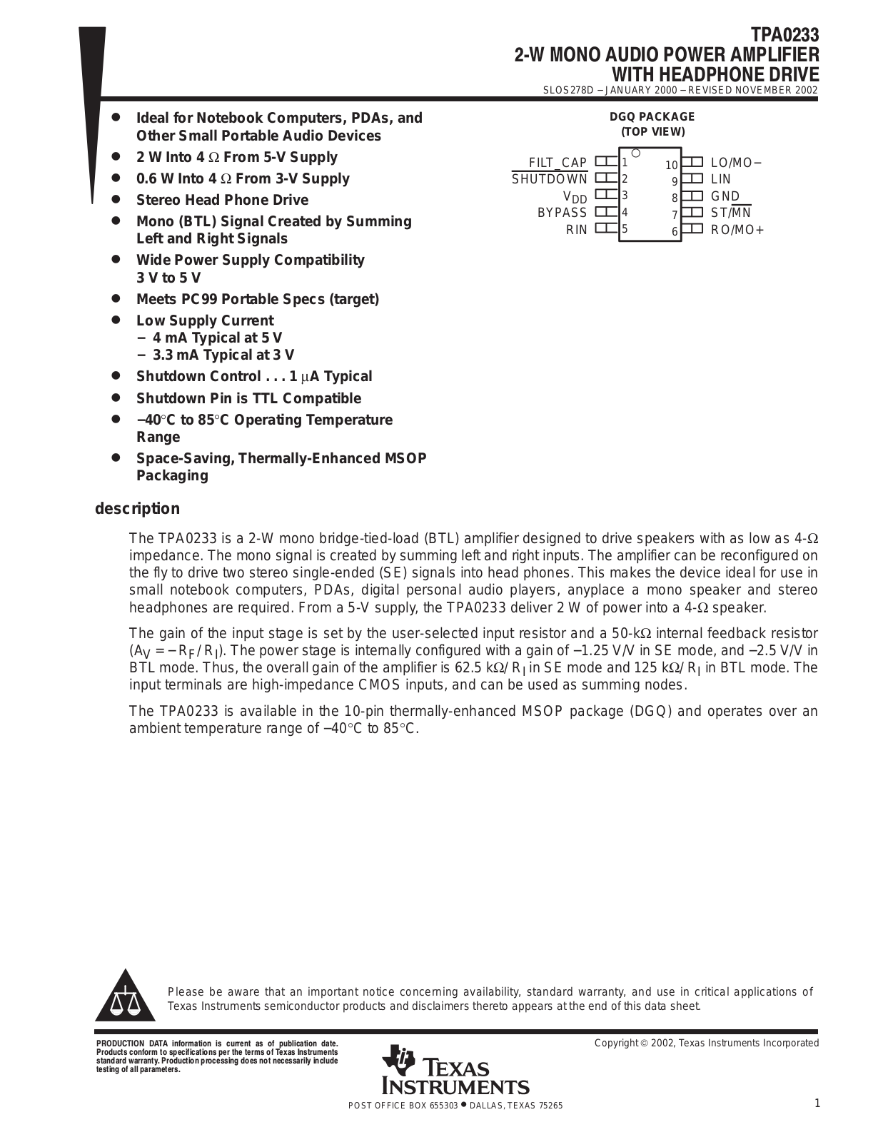 TEXAS INSTRUMENTS TPA0233 Technical data