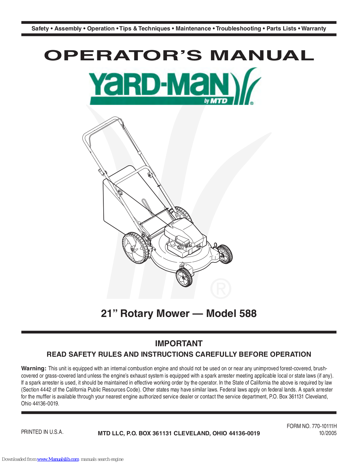 MTD Yard-Man 588 Operator's Manual