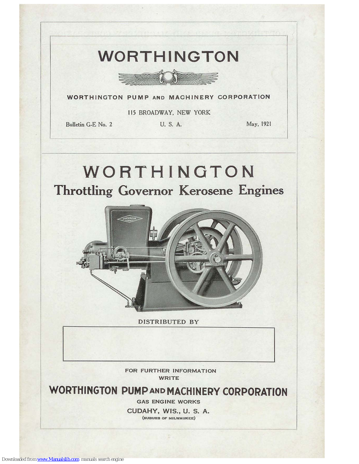 WORTHINGTON PUMP AND MACHINERY Throttling Governor Kerosene Stationary Engines User Manual