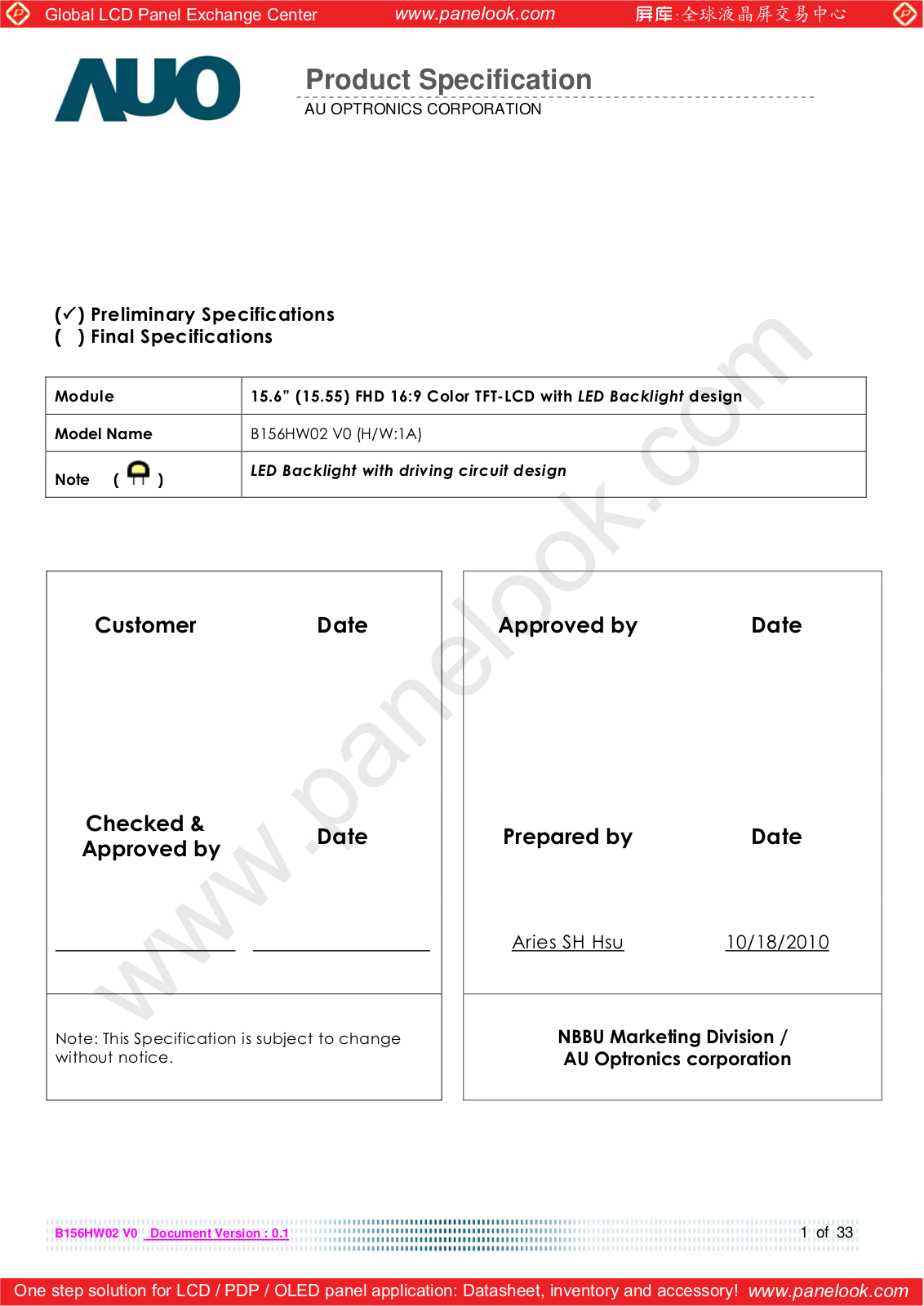 AUO B156HW02 V0 Specification