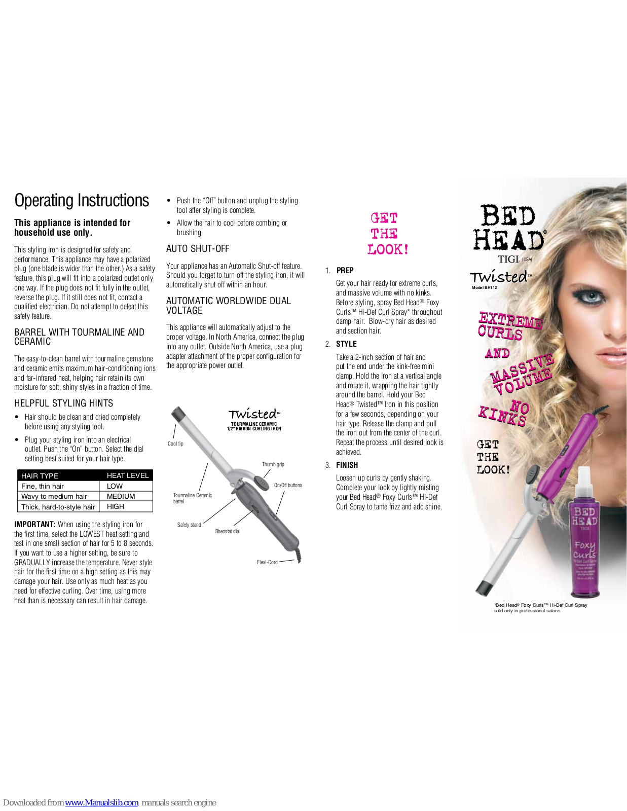 Tigi Bed Head Twisted BH 112 Operating Instructions Manual