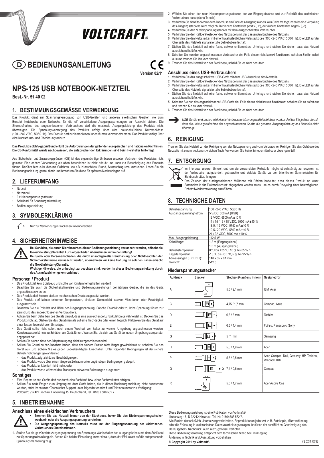 VOLTCRAFT NPS-125 USB Operating Instructions