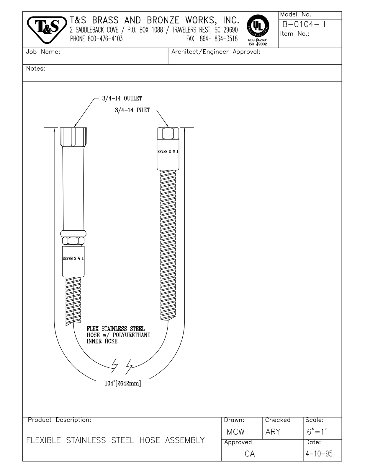 T & S Brass & Bronze Works B-0104-H General Manual